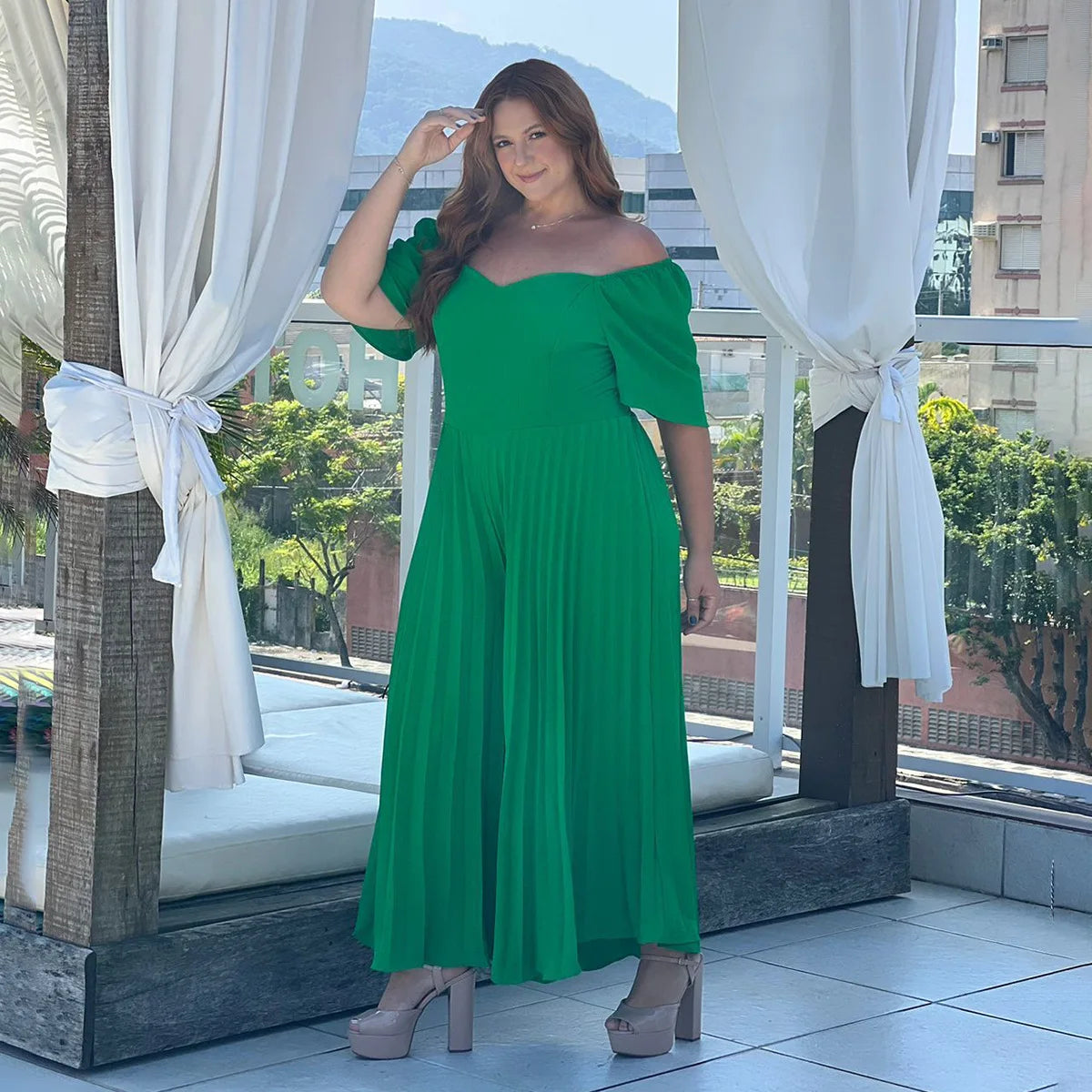 Plus Size Pleated Jumpsuit Female Off Shoulder