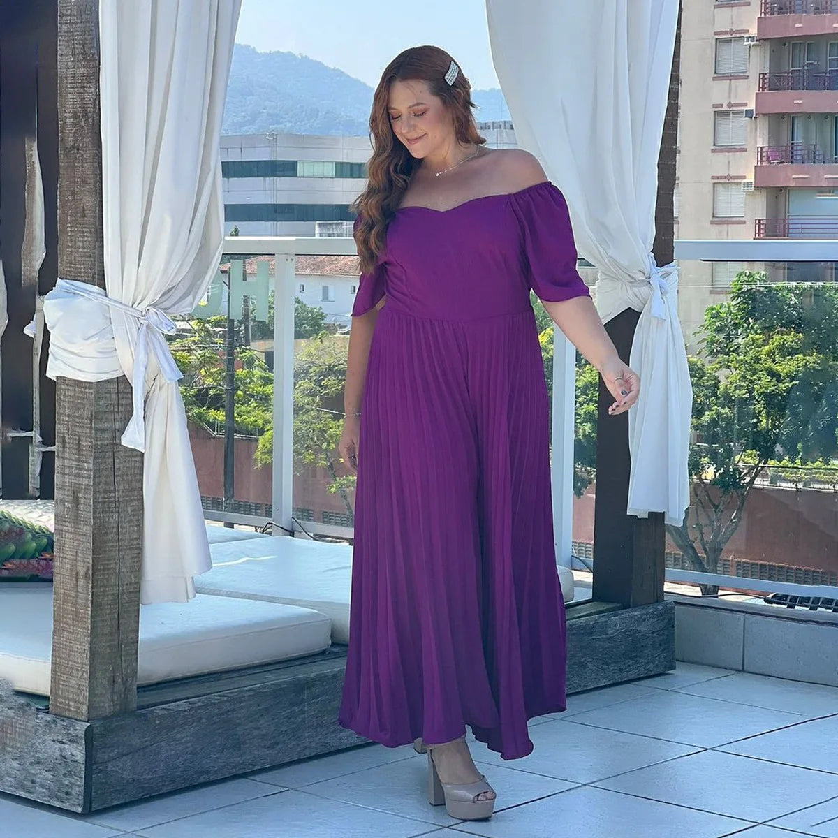 Plus Size Pleated Jumpsuit Female Off Shoulder