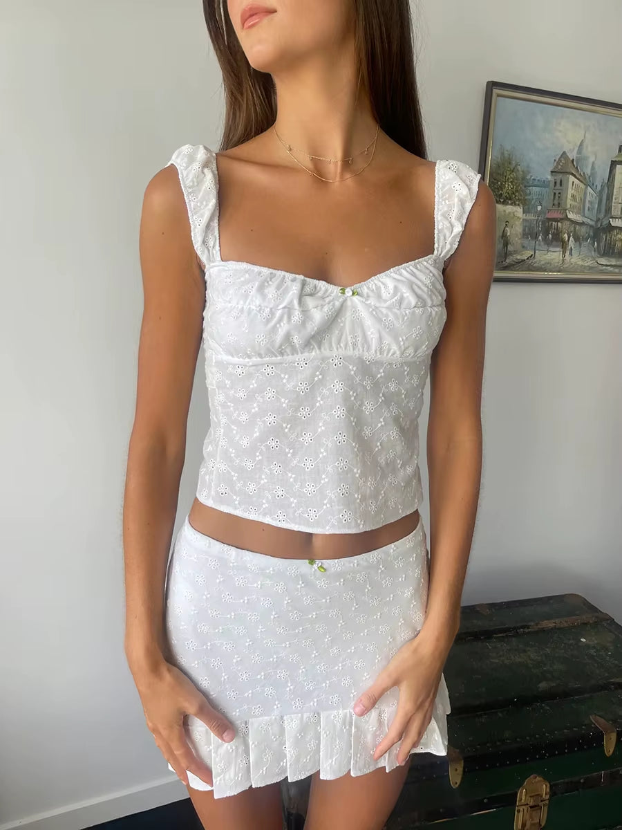 Sexy Backless Tie up Camis Y2K Vintage White Jacquard Hollow Out Crop Tops 2000S Retro Fairy Coquette Milkmaid Tops Tank Vest