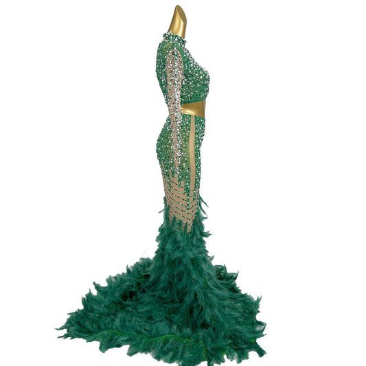 Long Green Cut Out Luxury Beaded Crystal Feather Mermaid