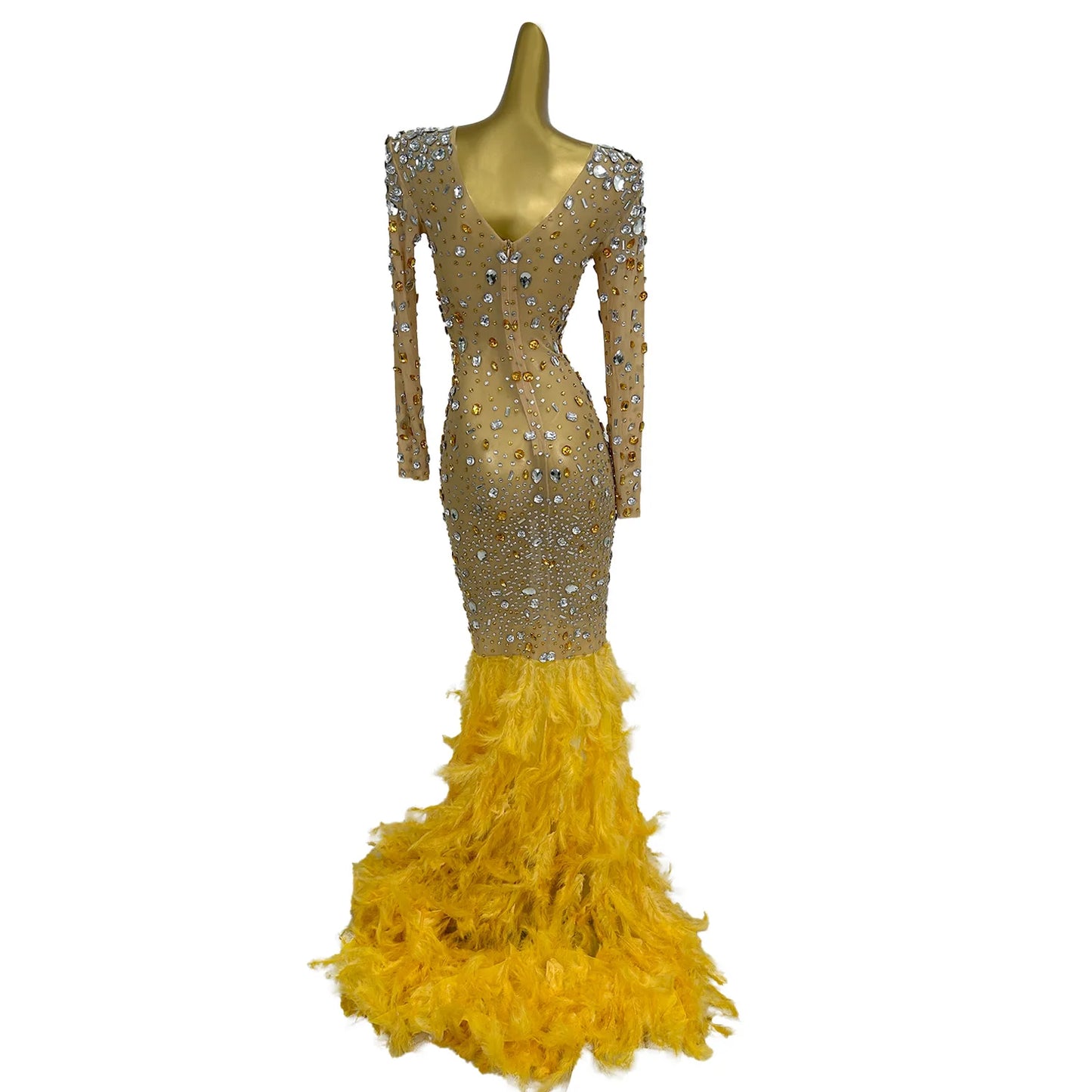 Luxurious Gold Crystals Mesh Long Feather Dresse