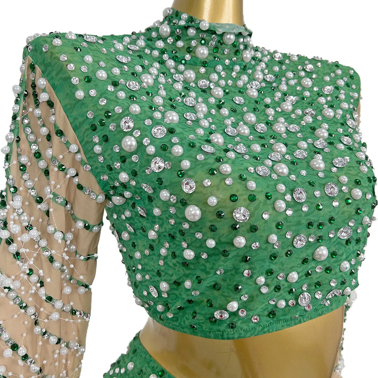 Long Green Cut Out Luxury Beaded Crystal Feather Mermaid