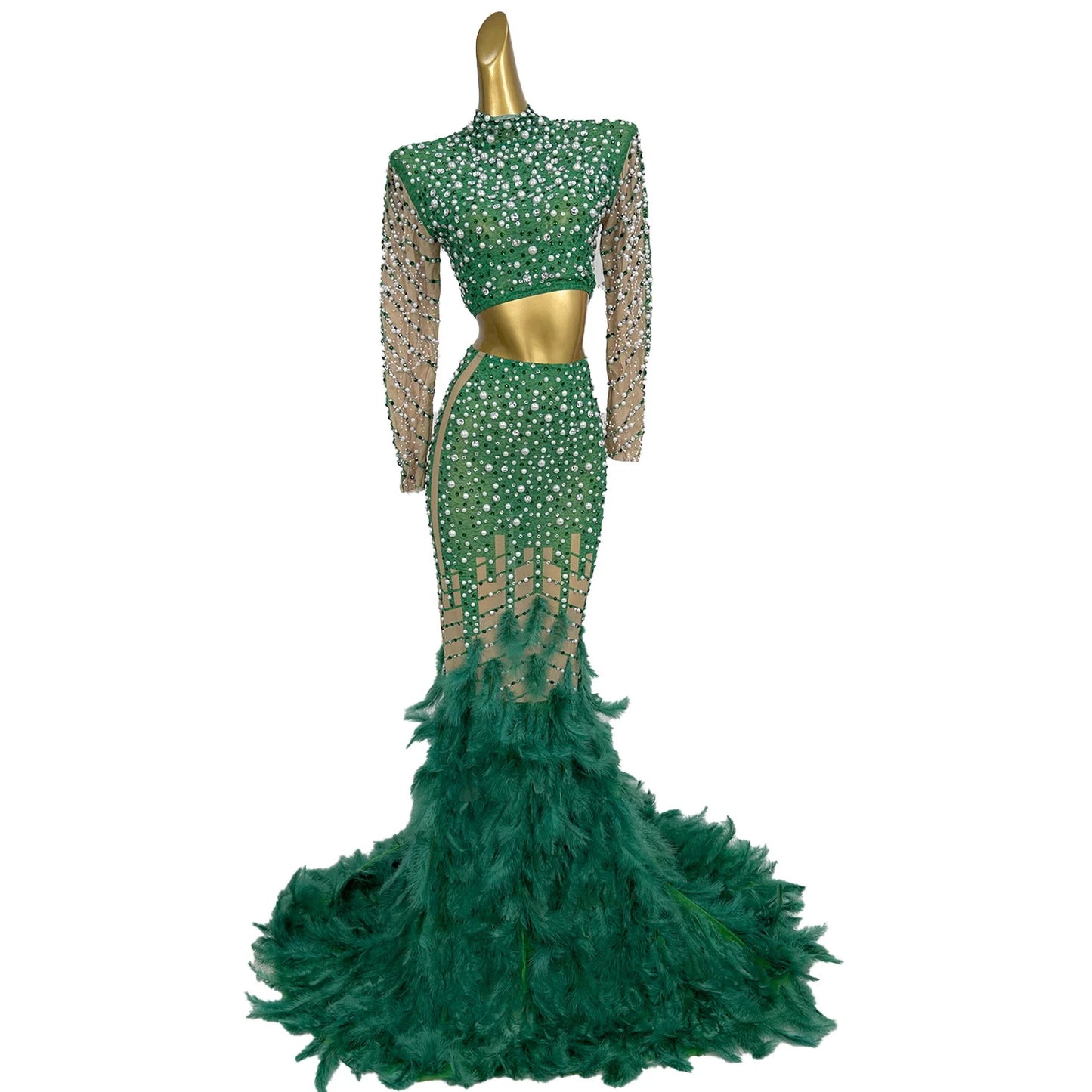 Long Green Cut Out Luxury Beaded Crystal Feather Mermaid