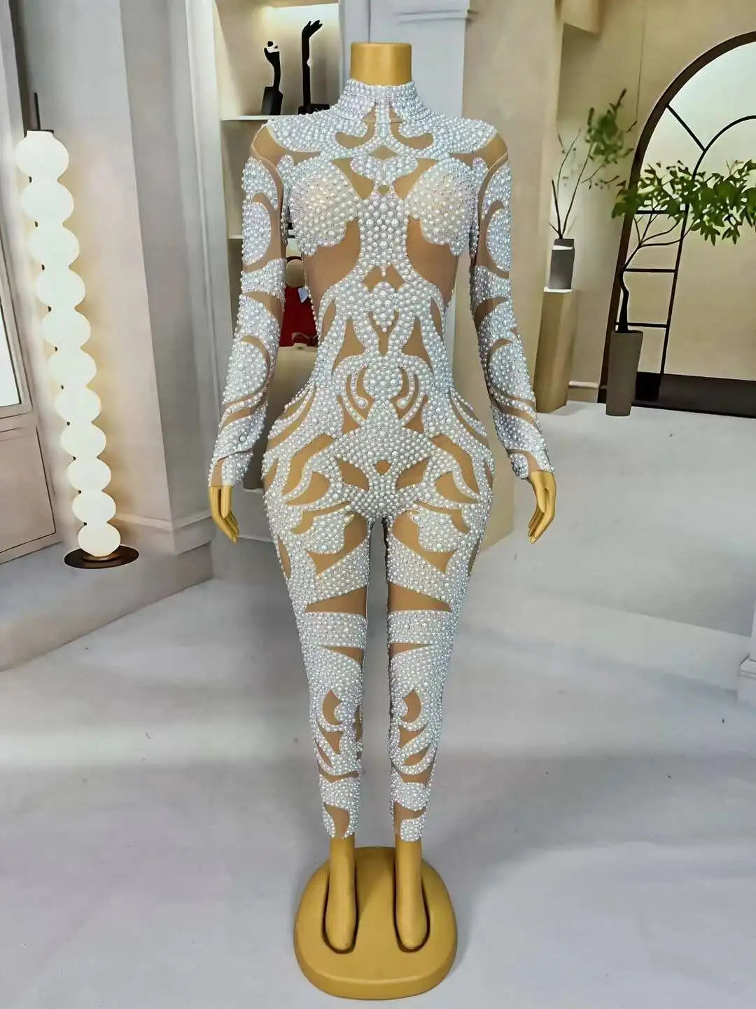 New Fashion Full White Pearls Stretch Jumpsuits for Women Body Suits Drag Queen Costume Pole Dance Outfits Baizhuhuan