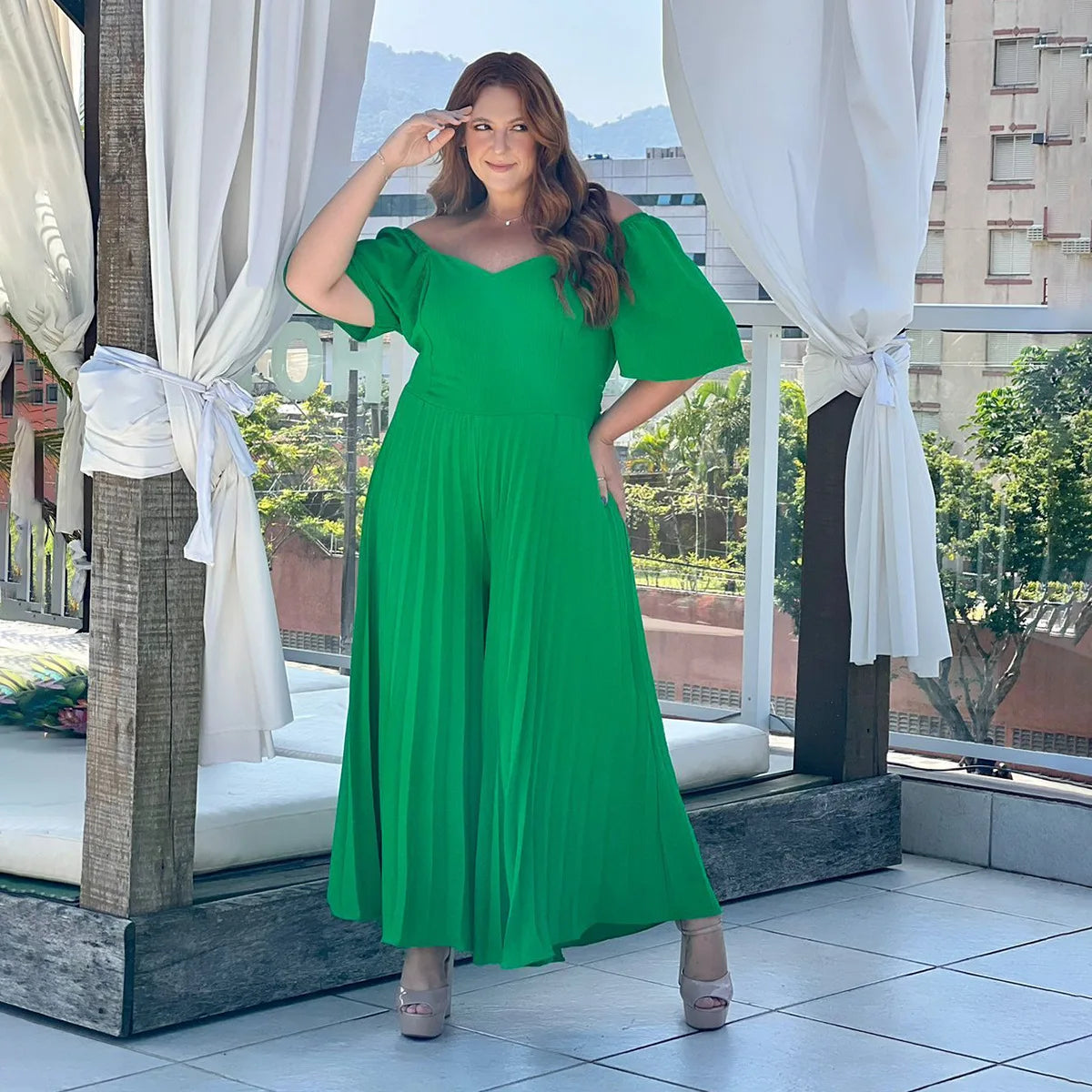 Plus Size Pleated Jumpsuit Female Off Shoulder