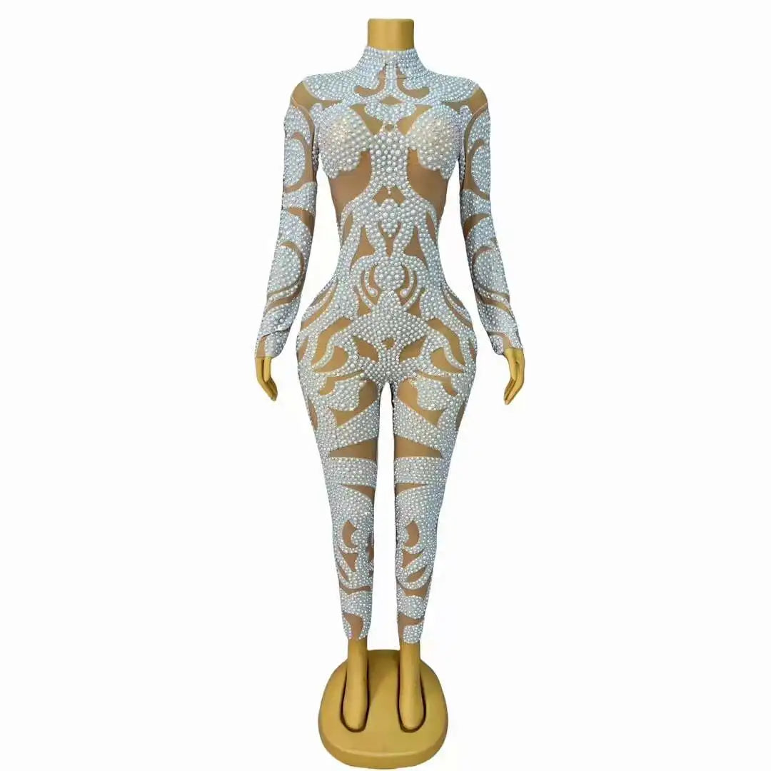 New Fashion Full White Pearls Stretch Jumpsuits for Women Body Suits Drag Queen Costume Pole Dance Outfits Baizhuhuan