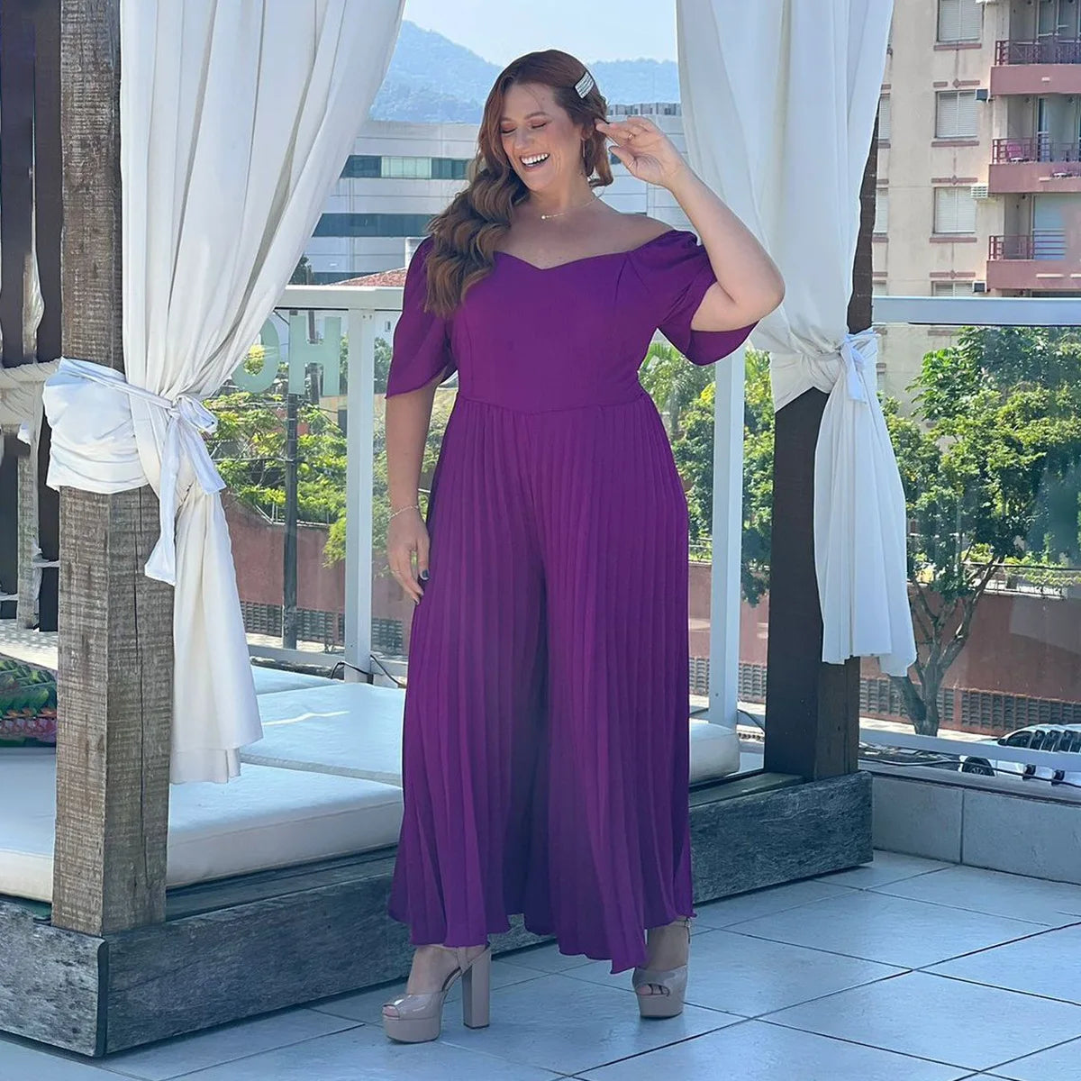 Plus Size Pleated Jumpsuit Female Off Shoulder