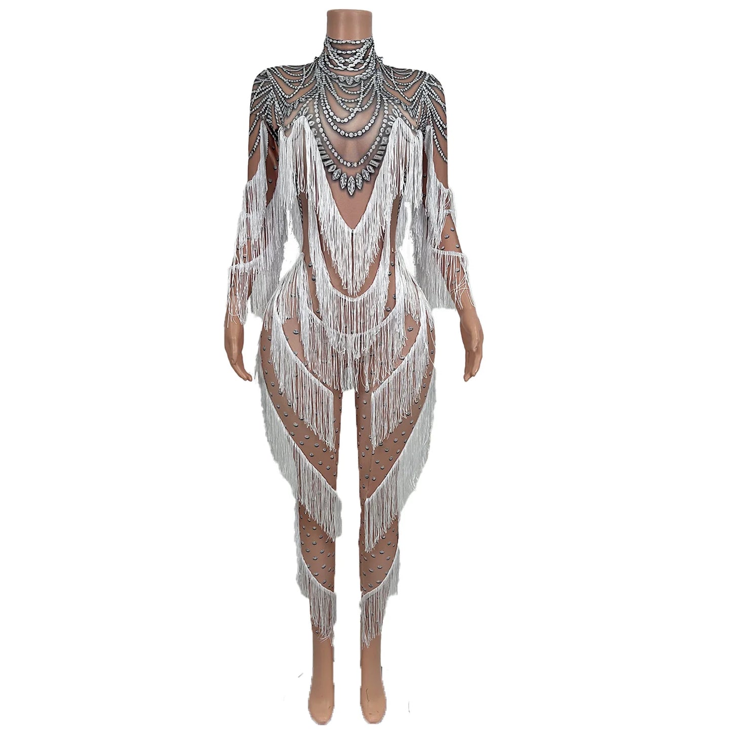 Jumpsuit for Ladie Performance Costumes Festival Elegant Outfit Long Sleeve Tassel Bodysuit Women Bodycon Fringes Romper Huichen