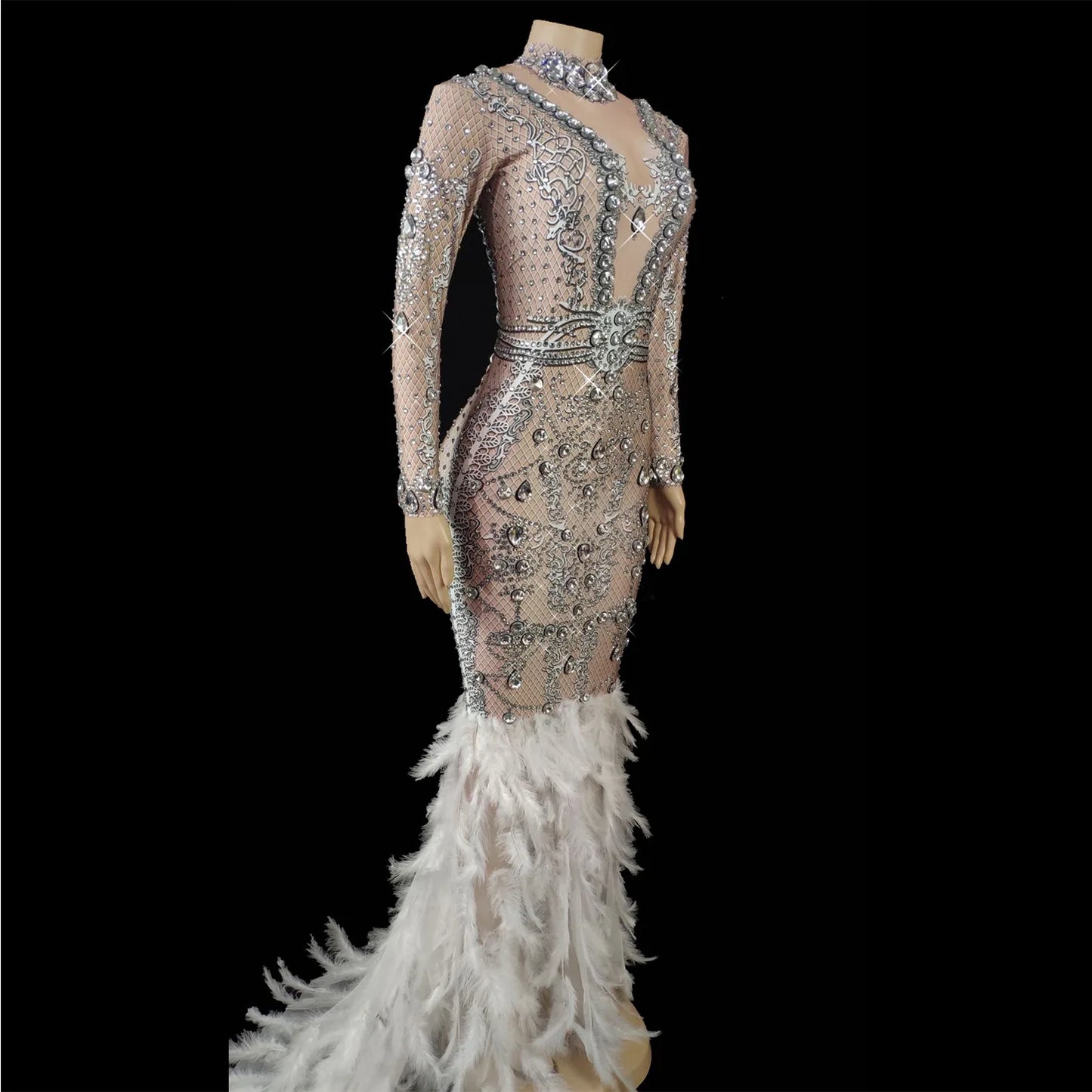 Rhinestone Feather Luxury Evening Dress prom dress