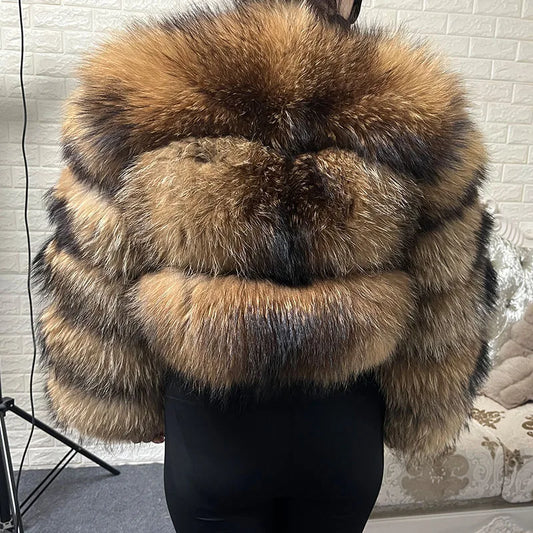 Plus Size Curve Women's Natural real raccoon Fur Coat