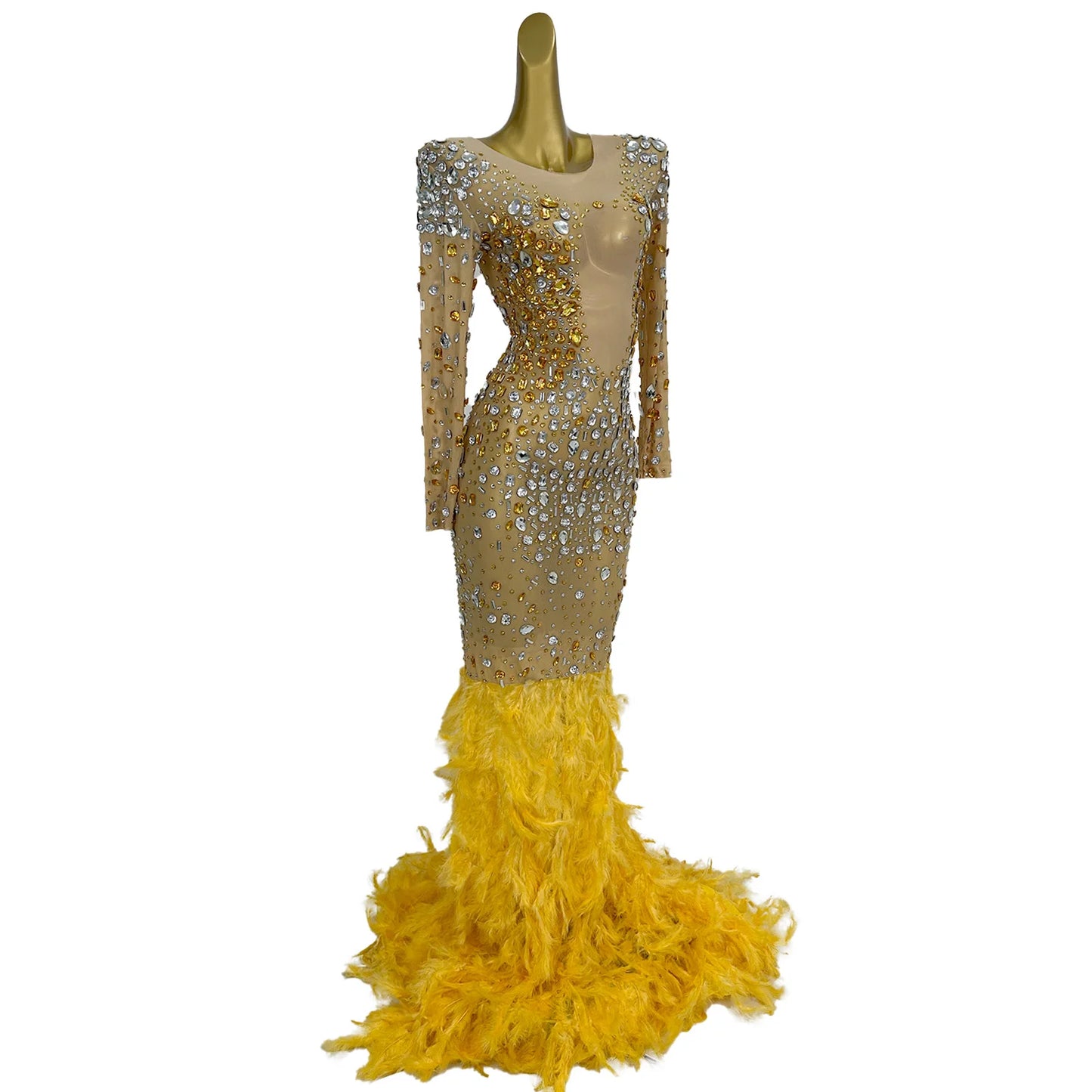 Luxurious Gold Crystals Mesh Long Feather Dresse