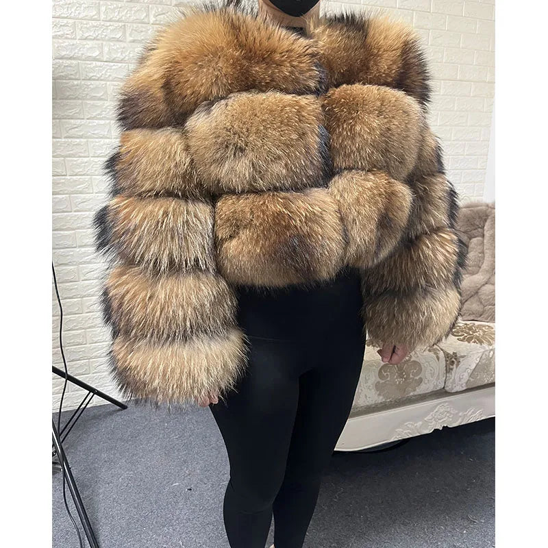 Plus Size Curve Women's Natural real raccoon Fur Coat