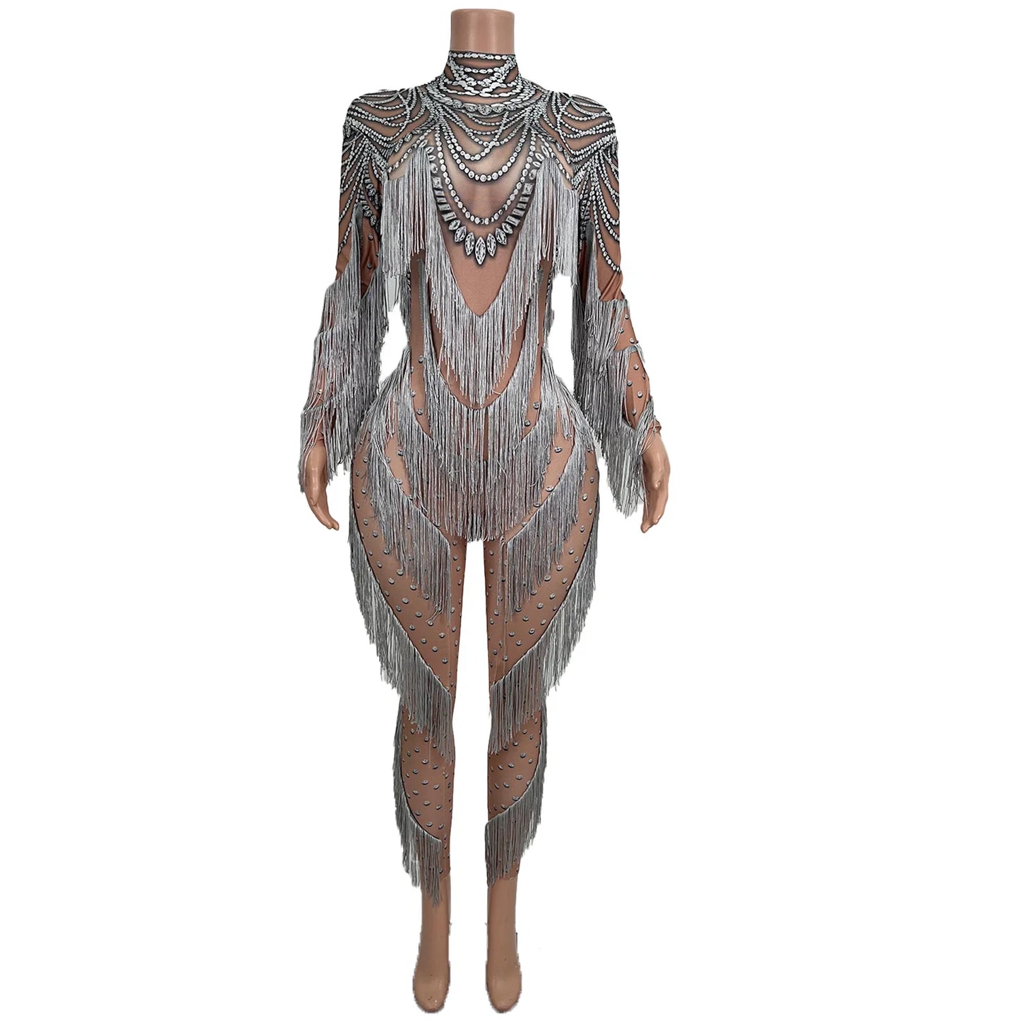 Jumpsuit for Ladie Performance Costumes Festival Elegant Outfit Long Sleeve Tassel Bodysuit Women Bodycon Fringes Romper Huichen