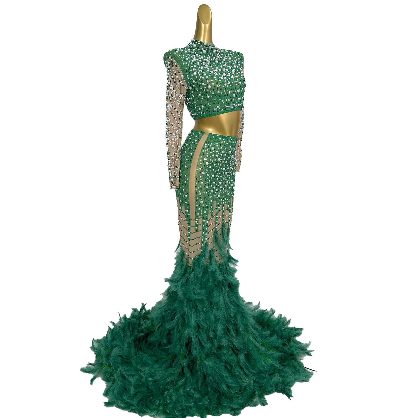 Long Green Cut Out Luxury Beaded Crystal Feather Mermaid