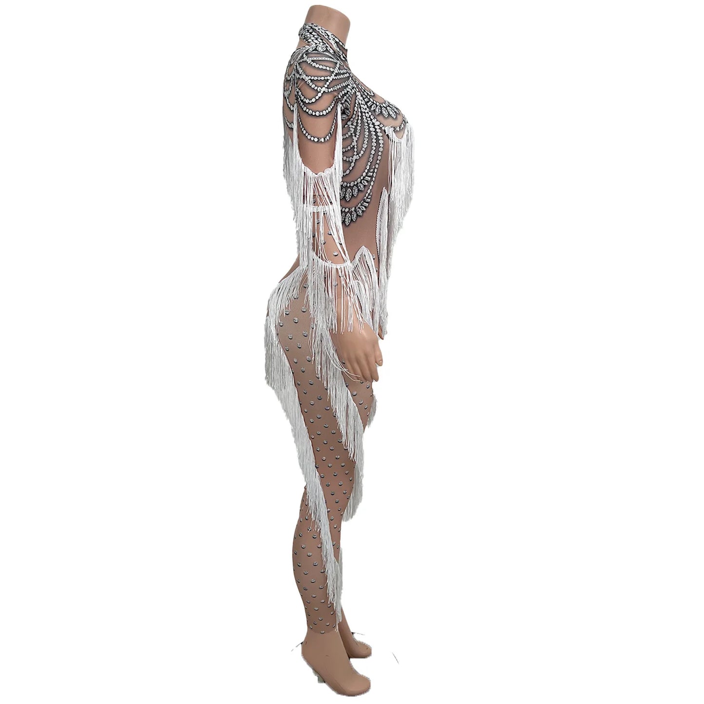 Jumpsuit for Ladie Performance Costumes Festival Elegant Outfit Long Sleeve Tassel Bodysuit Women Bodycon Fringes Romper Huichen