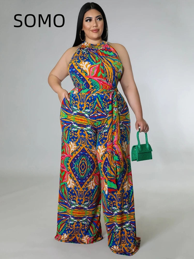 Plus Size Women Jumpsuit Sleeveless Casual Hanging Neck Print with Belt