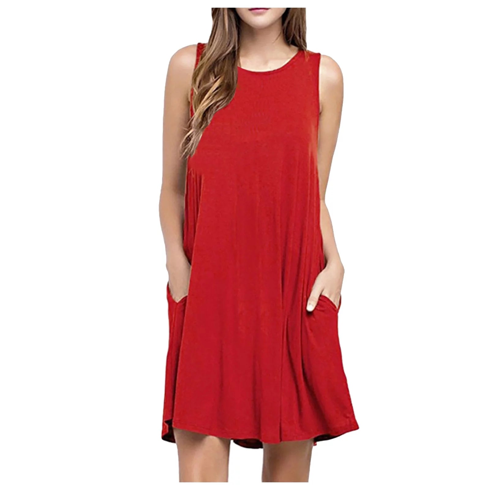 Fesfesfes Summer Dresses for Women round Neck Casual Mini Dress Solid Color Sleeveless Tank Dress Loose above Knee Sun Dress Summer Saving Sale