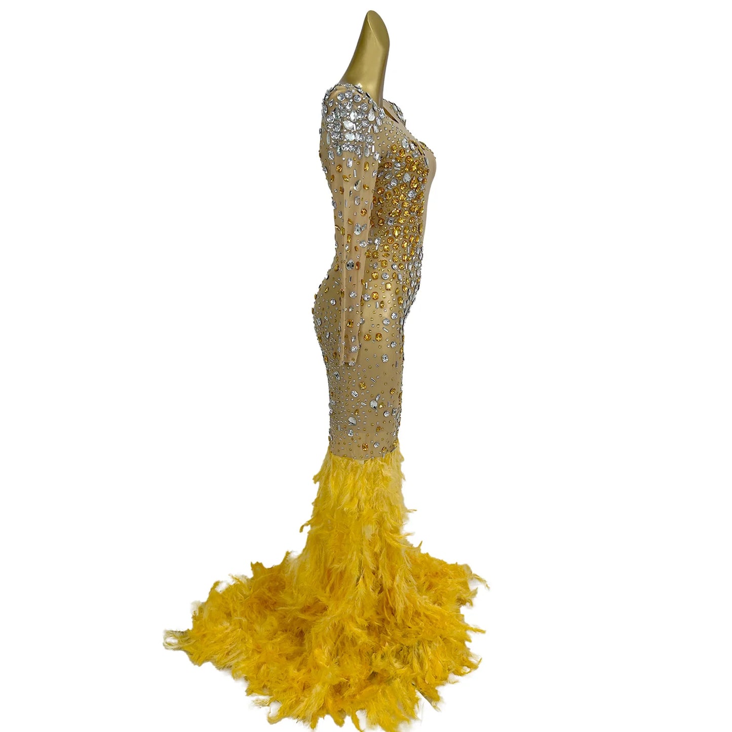 Luxurious Gold Crystals Mesh Long Feather Dresse