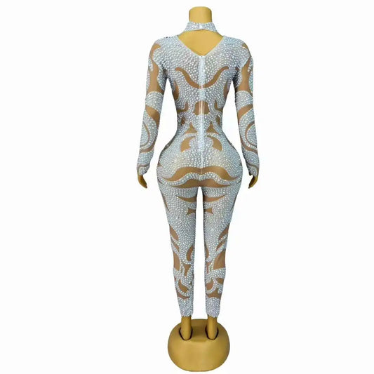 New Fashion Full White Pearls Stretch Jumpsuits for Women Body Suits Drag Queen Costume Pole Dance Outfits Baizhuhuan