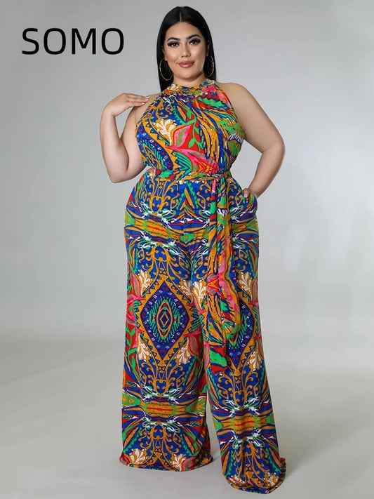 Plus Size Women Jumpsuit Sleeveless Casual Hanging Neck Print with Belt