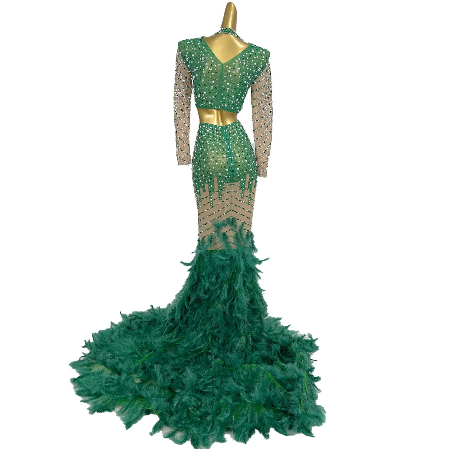 Long Green Cut Out Luxury Beaded Crystal Feather Mermaid