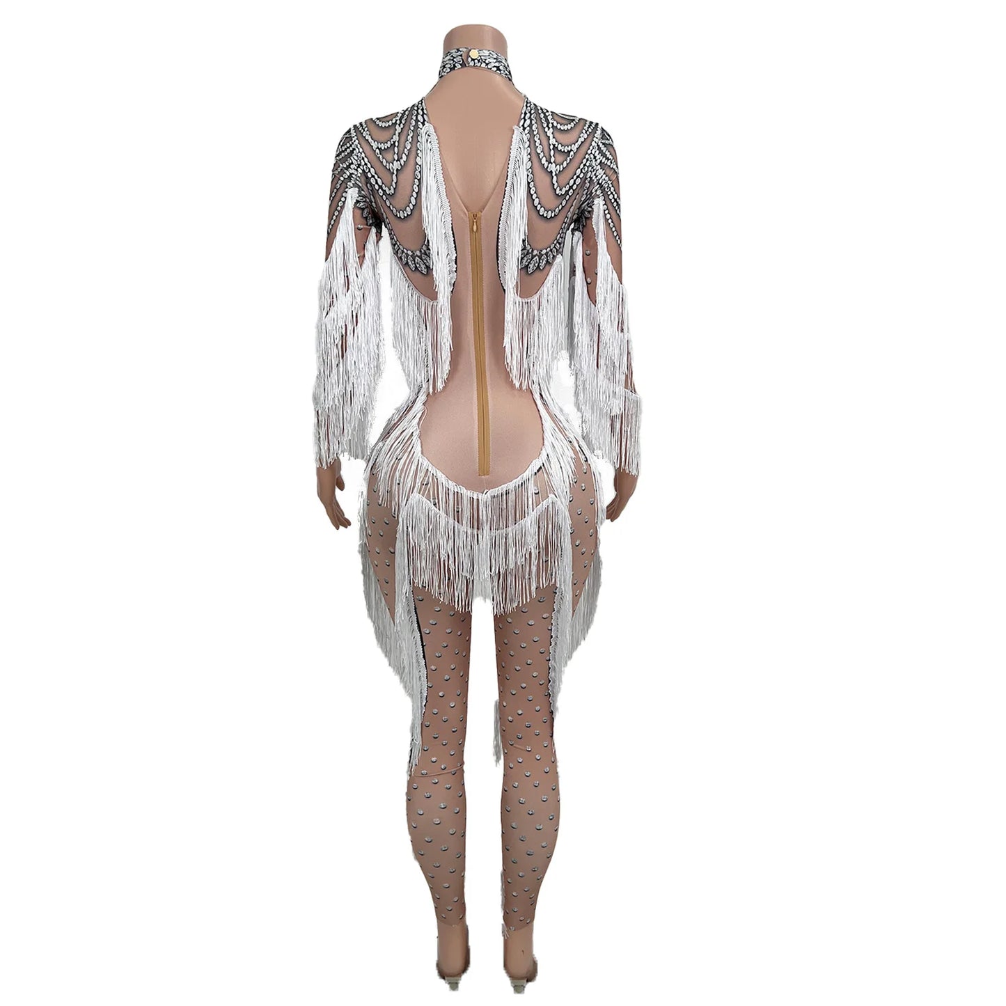 Jumpsuit for Ladie Performance Costumes Festival Elegant Outfit Long Sleeve Tassel Bodysuit Women Bodycon Fringes Romper Huichen