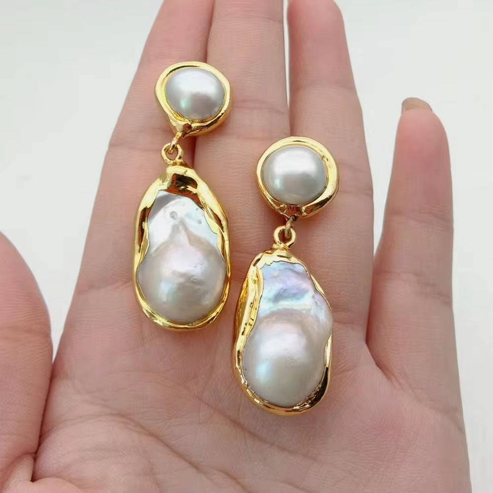 White Keshi Pearl Gold Color Plated Stud Earrings Nucleated Flameball Baroque Pearl Earrings Luxury Wedding for Women